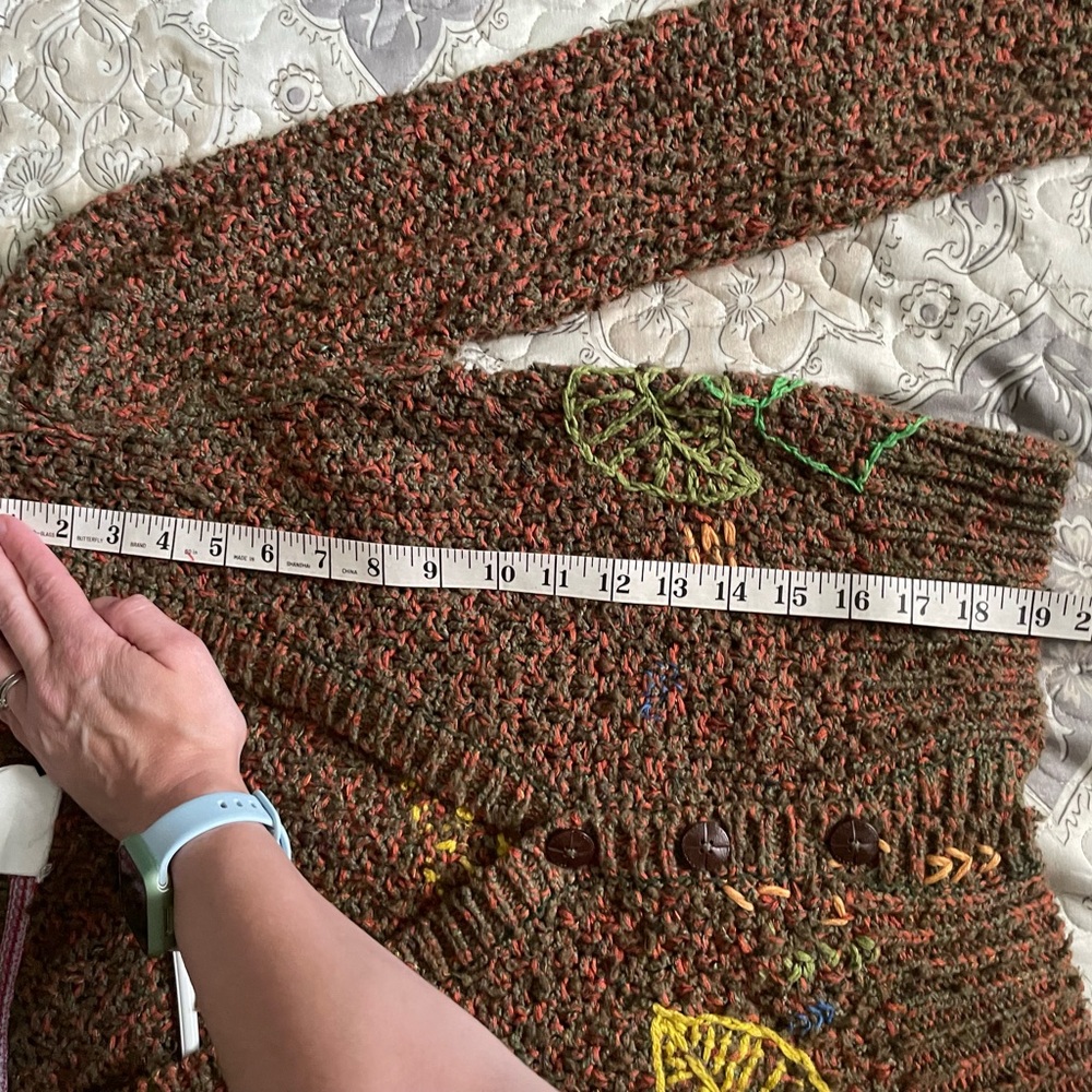Anthropologie Brown Cropped V-Neck Sweater with Yellow & Green Leaf Embroidery - Picture 5 of 15